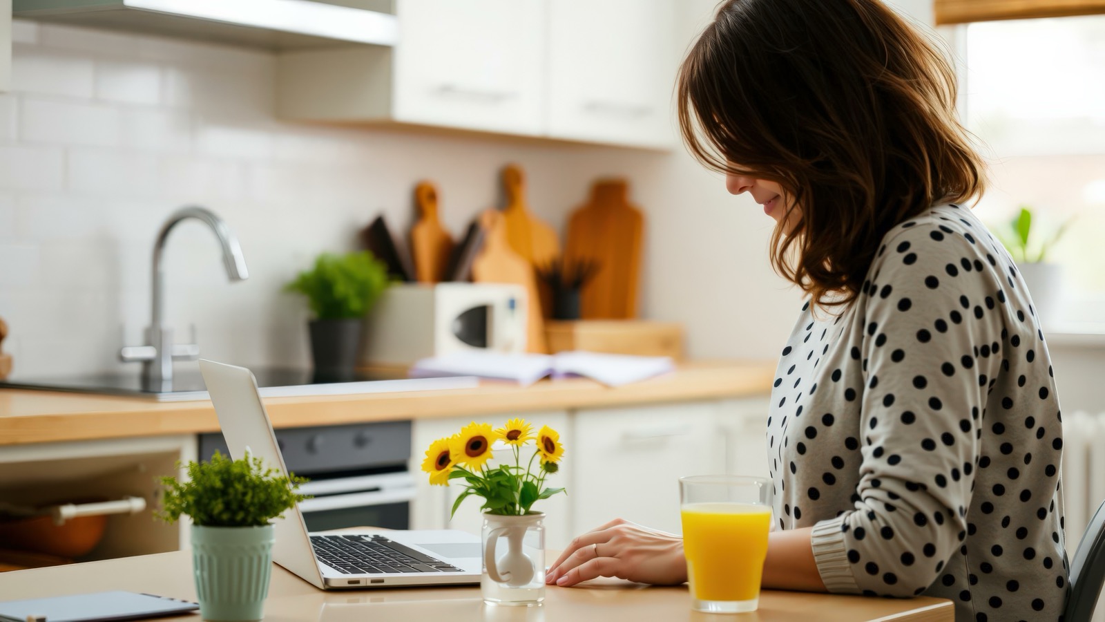 A resident working from a laptop in a bright home kitchen